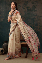 Beige Cotton Blend Printed Saree