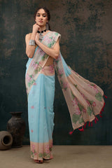 Blue Cotton Blend Printed Saree