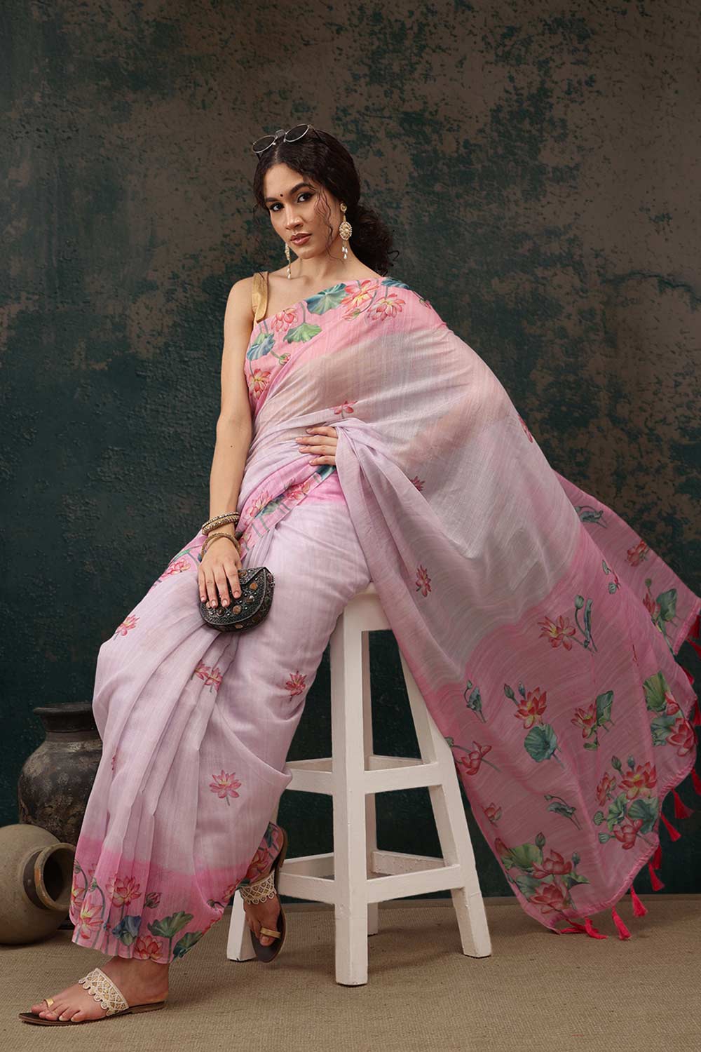 Light Pink Cotton Blend Printed Saree