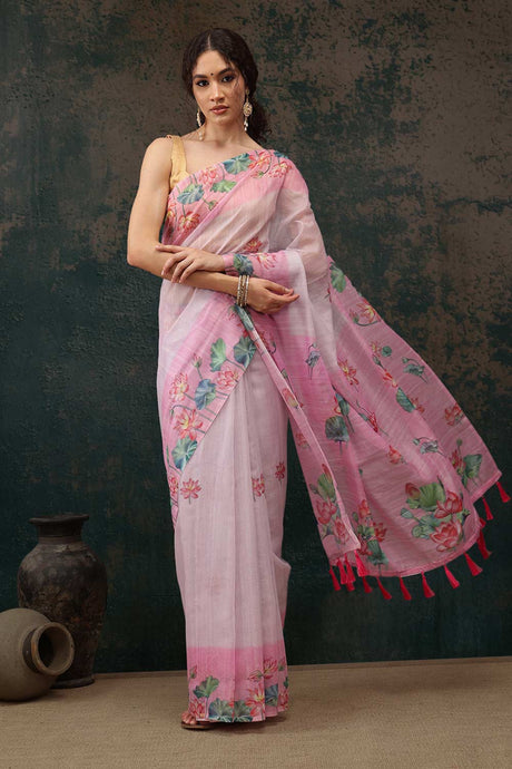 Light Pink Cotton Blend Printed Saree