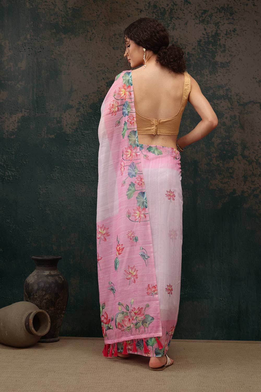 Light Pink Cotton Blend Printed Saree