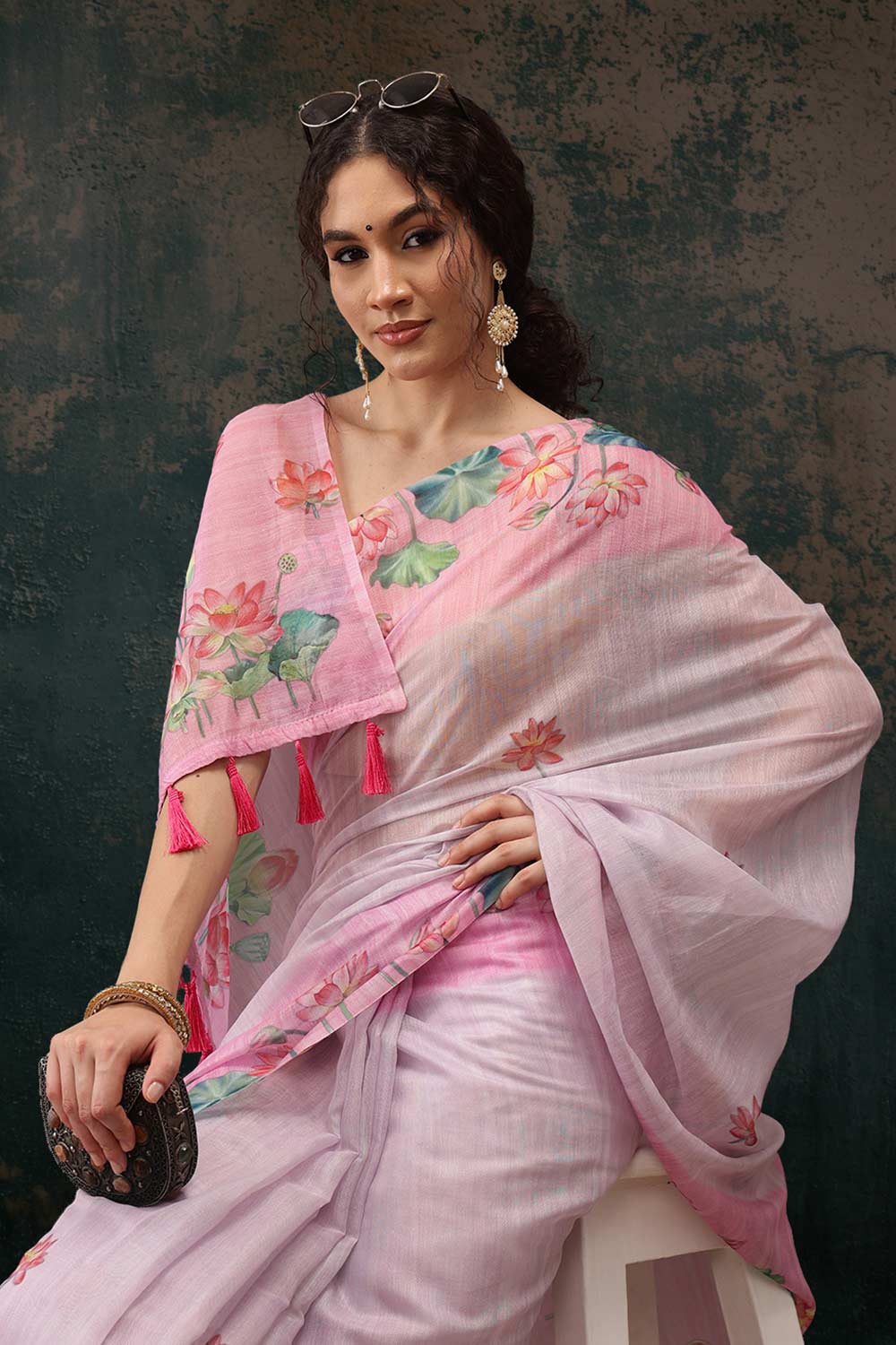 Light Pink Cotton Blend Printed Saree