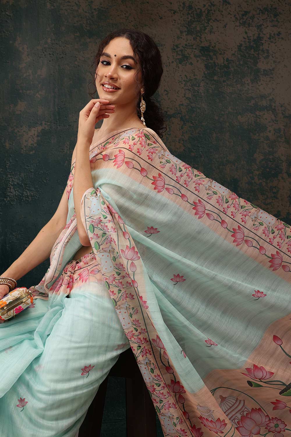 Teal Cotton Blend Printed Saree