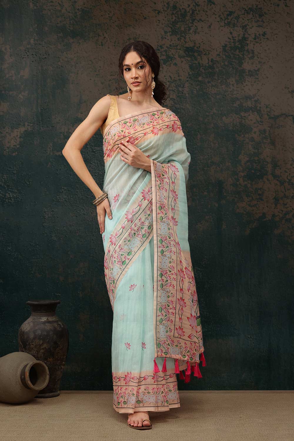 Teal Cotton Blend Printed Saree