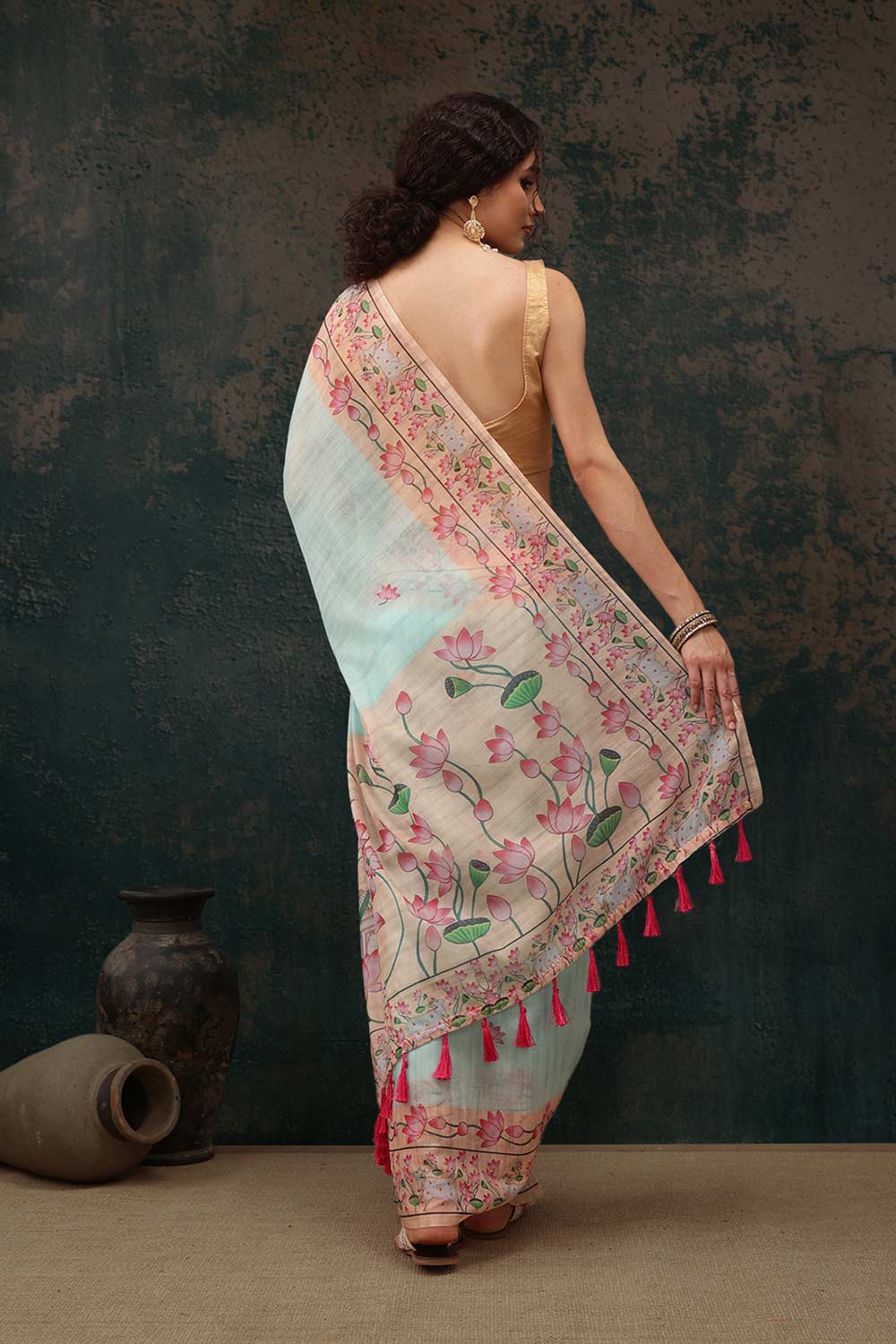 Teal Cotton Blend Printed Saree