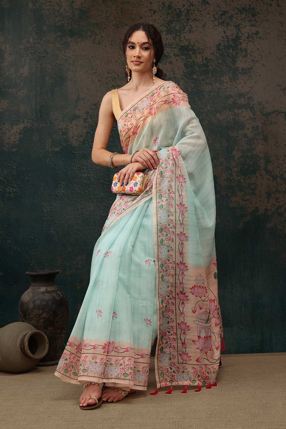 Teal Cotton Blend Printed Saree