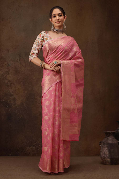 Pink Cotton Blend Floral Woven Saree