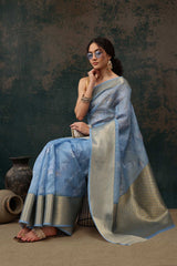 Blue Kota Doria Silk Embroidery Saree