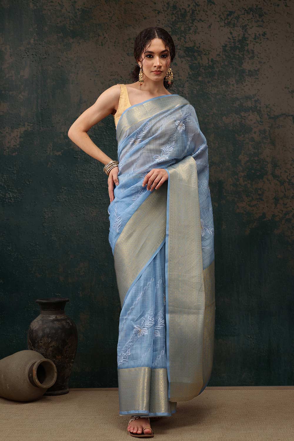 Blue Kota Doria Silk Embroidery Saree