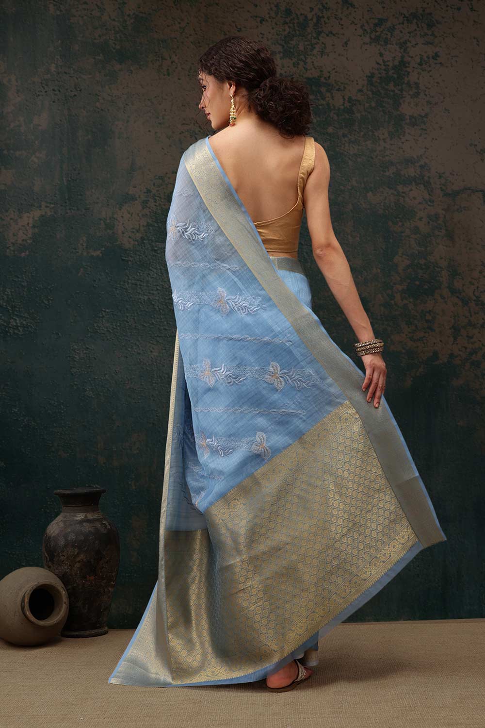 Blue Kota Doria Silk Embroidery Saree