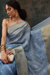 Blue Kota Doria Silk Embroidery Saree