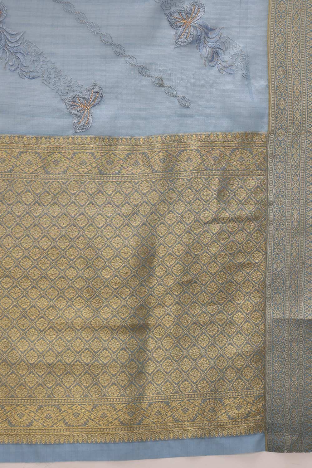 Blue Kota Doria Silk Embroidery Saree