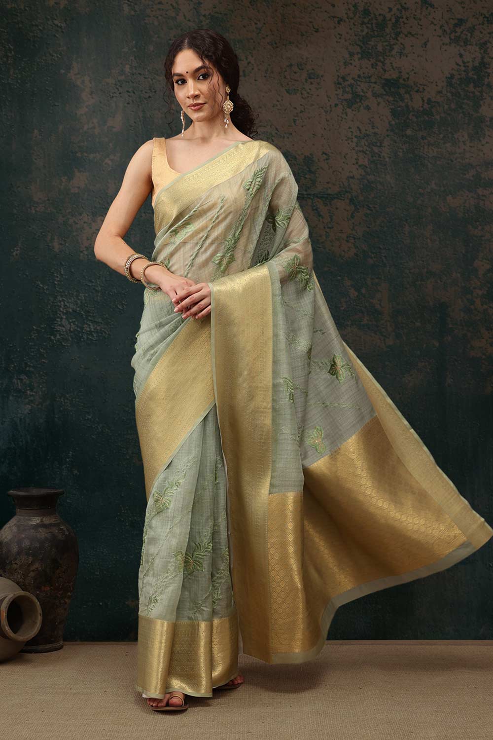 Green Kota Doria Silk Embroidery Saree