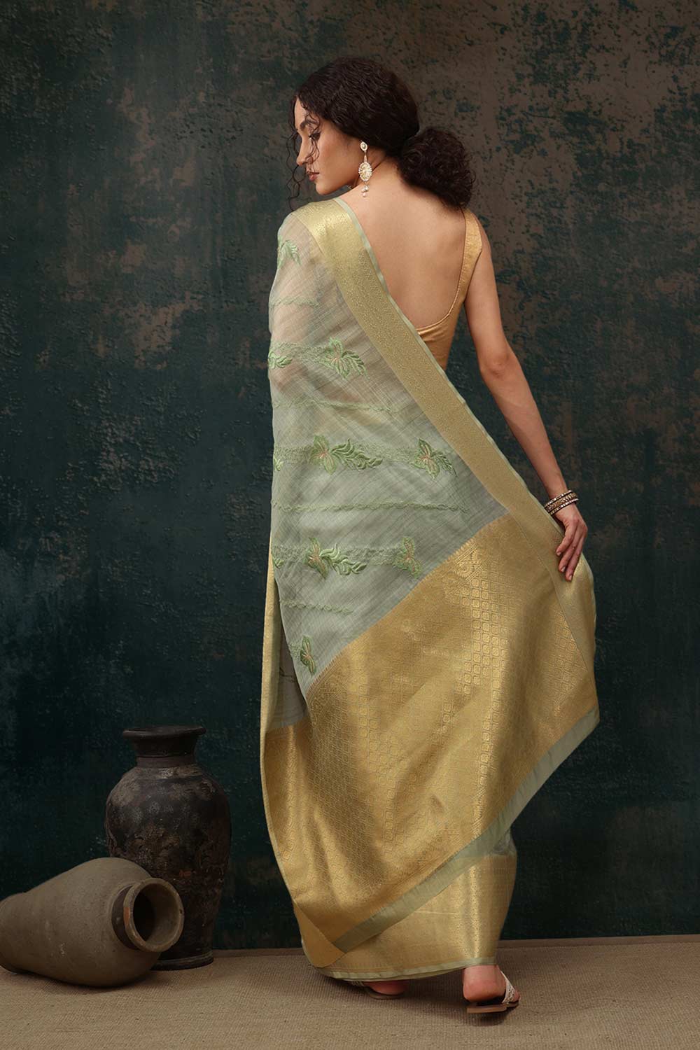 Green Kota Doria Silk Embroidery Saree