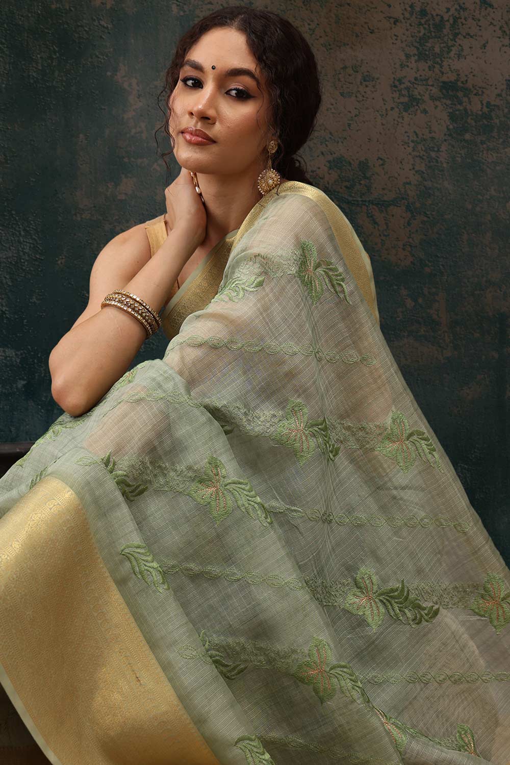 Green Kota Doria Silk Embroidery Saree