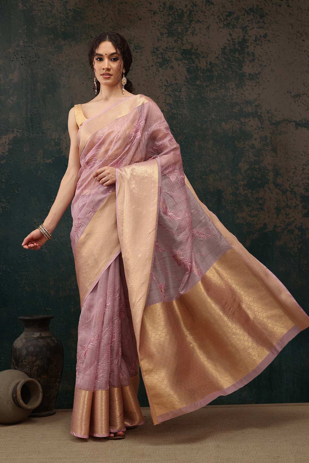 Pink Kota Doria Silk Embroidery Saree