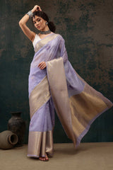 Lavender Kota Doria Silk Embroidery Saree