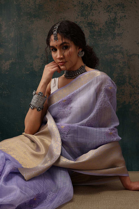 Lavender Kota Doria Silk Embroidery Saree