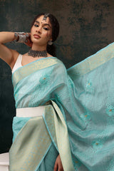 Teal Kota Doria Silk Embroidery Saree