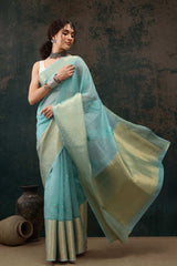 Teal Kota Doria Silk Embroidery Saree