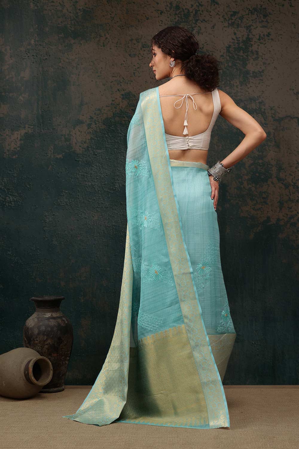 Teal Kota Doria Silk Embroidery Saree