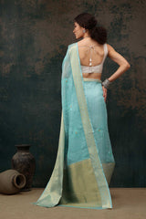 Teal Kota Doria Silk Embroidery Saree