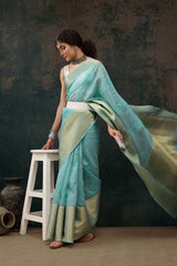 Teal Kota Doria Silk Embroidery Saree