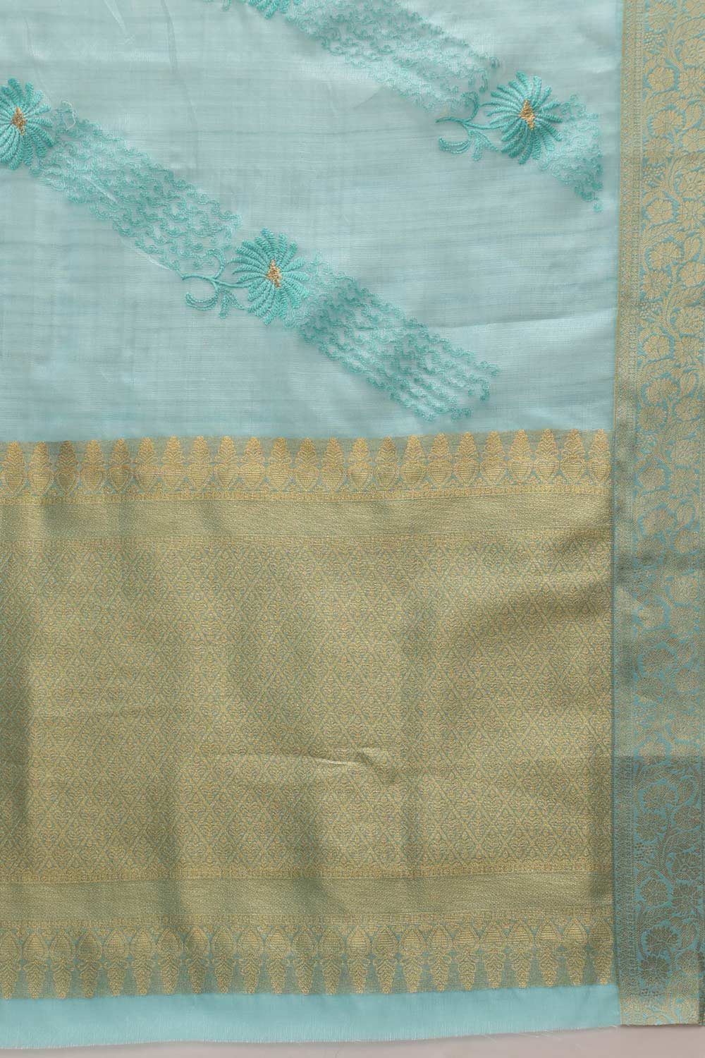 Teal Kota Doria Silk Embroidery Saree