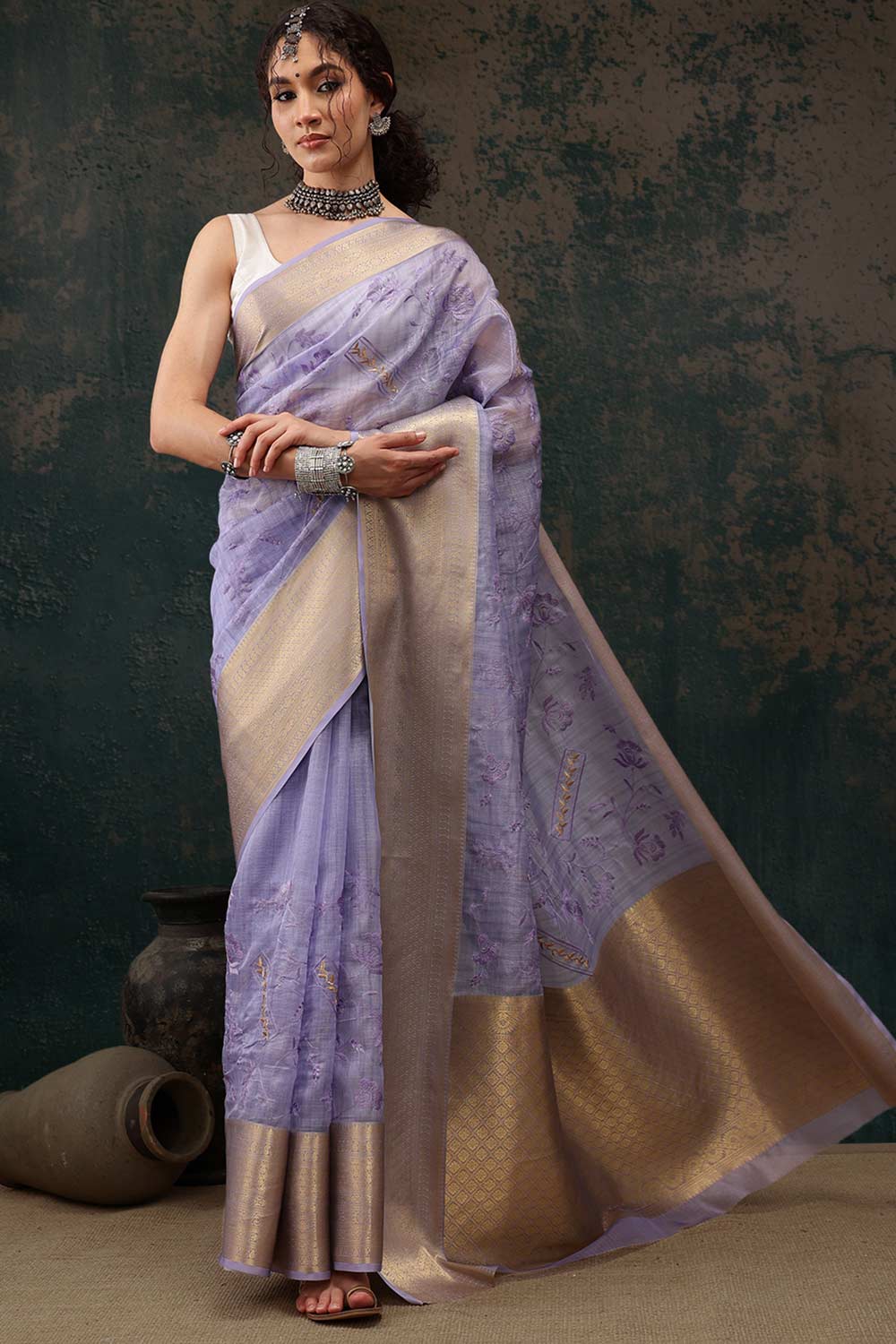 Lavender Kota Doria Silk Embroidery Saree