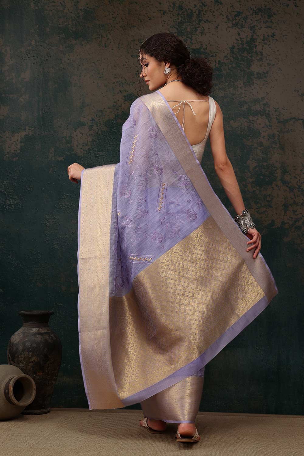 Lavender Kota Doria Silk Embroidery Saree