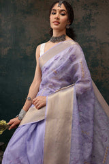 Lavender Kota Doria Silk Embroidery Saree