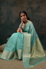 Teal Kota Doria Silk Embroidery Saree