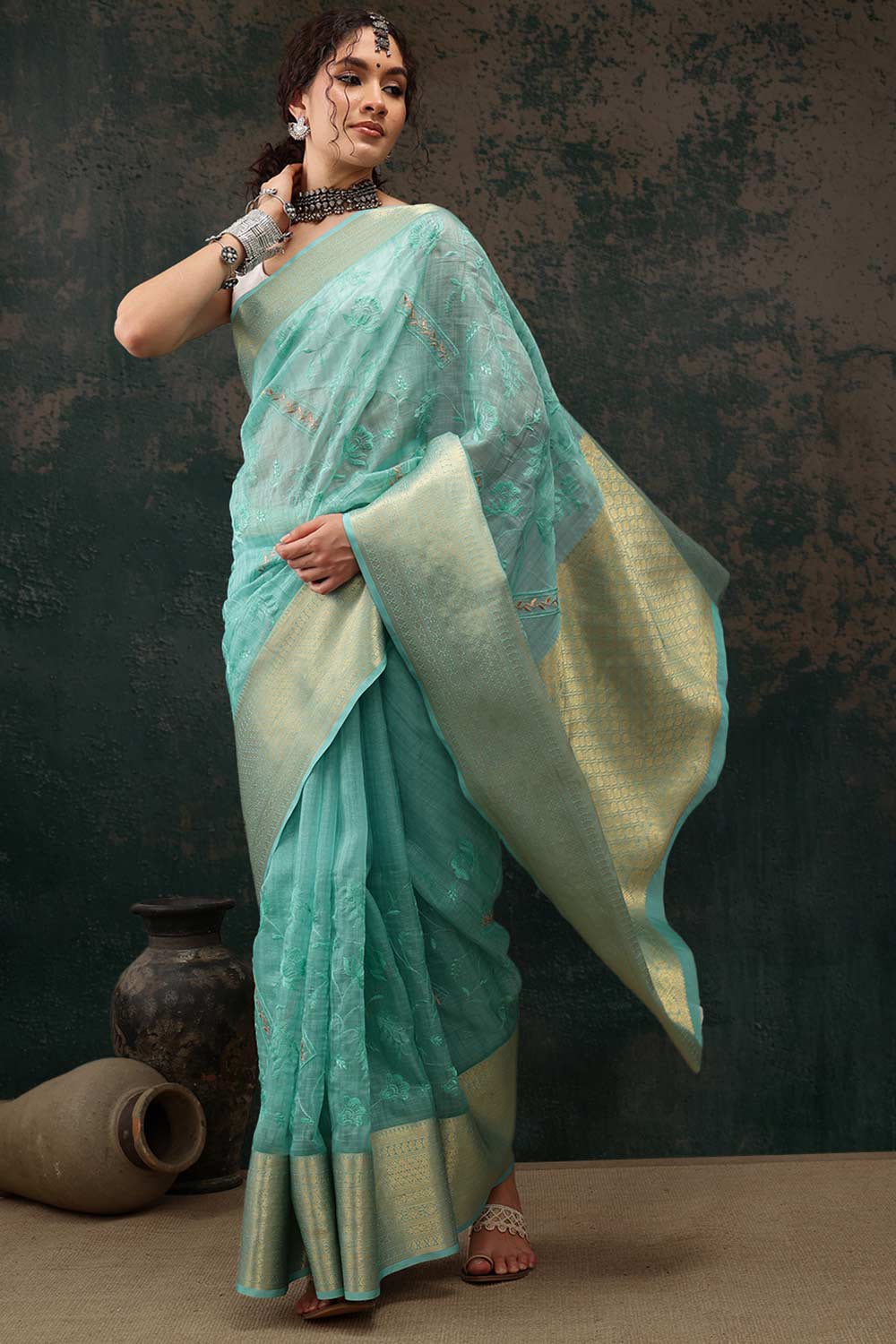 Teal Kota Doria Silk Embroidery Saree