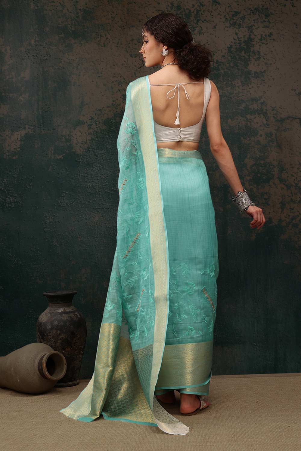 Teal Kota Doria Silk Embroidery Saree