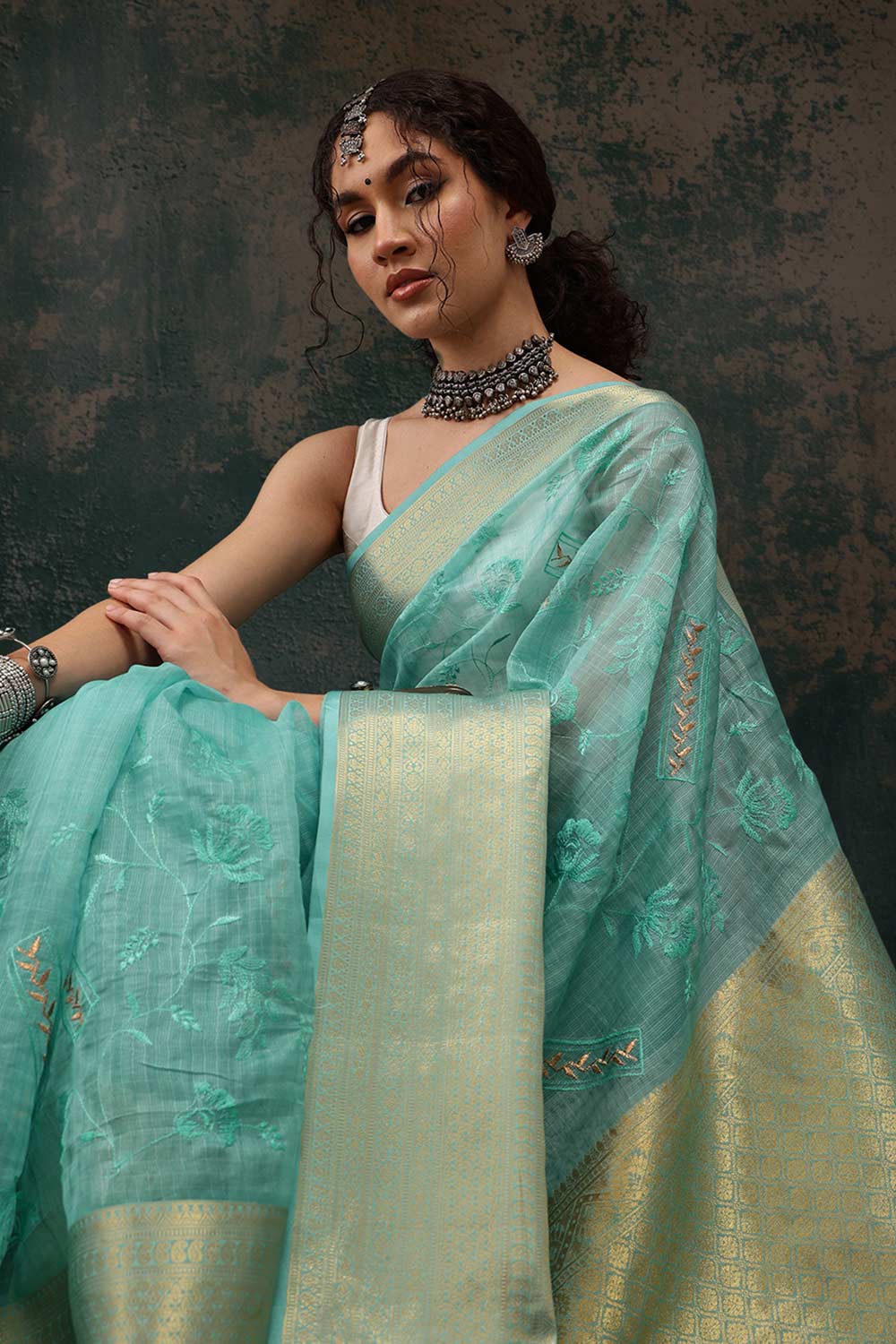 Teal Kota Doria Silk Embroidery Saree