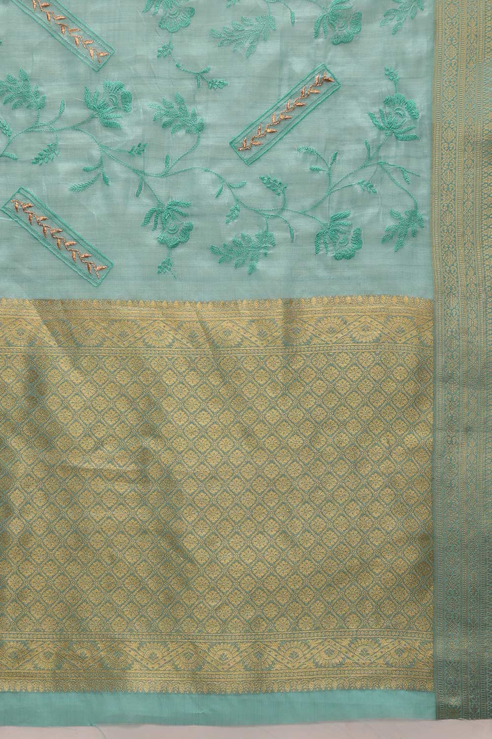 Teal Kota Doria Silk Embroidery Saree