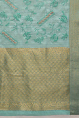 Teal Kota Doria Silk Embroidery Saree