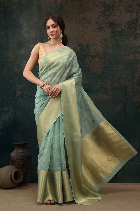 Green Kota Doria Silk Embroidery Saree