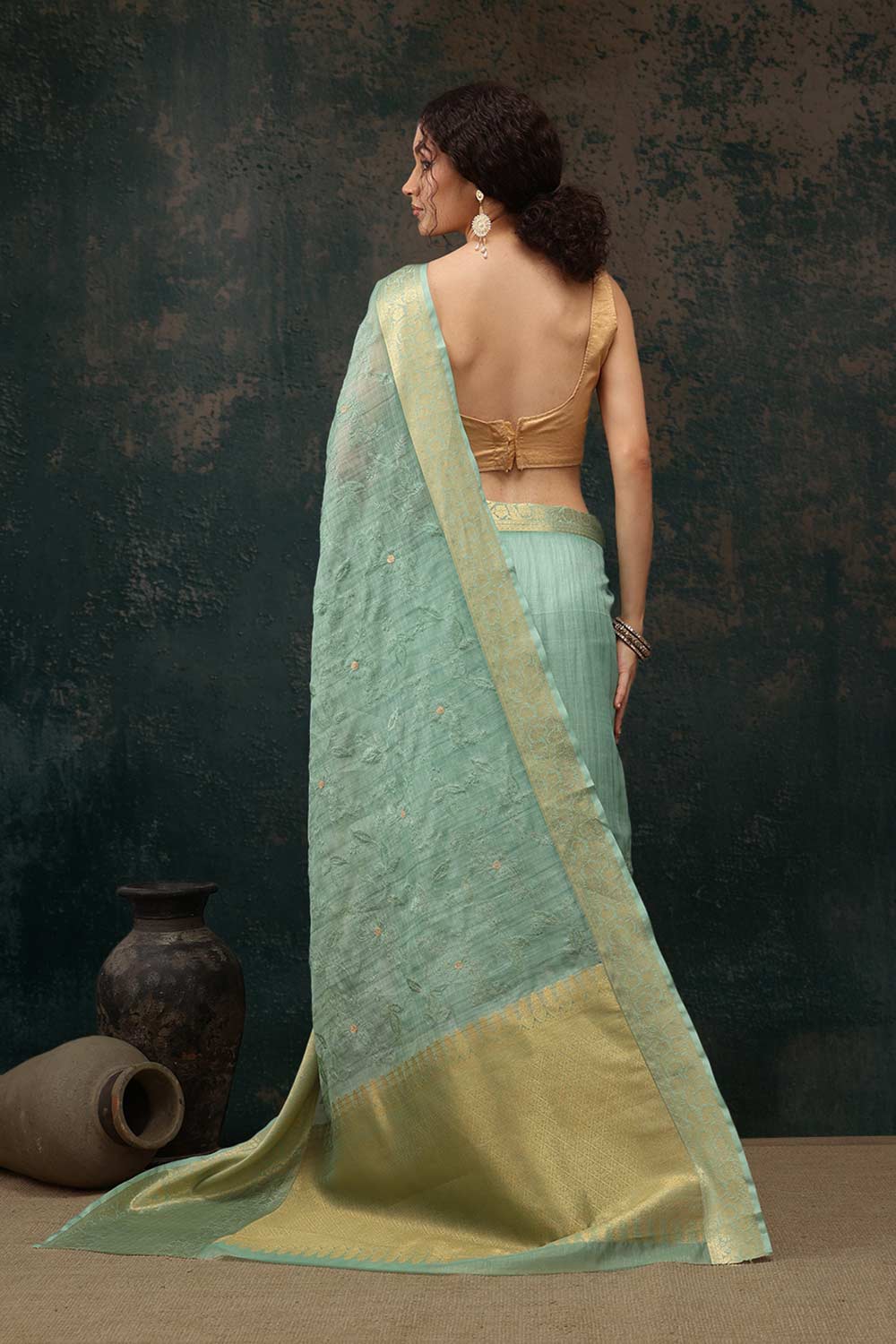 Green Kota Doria Silk Embroidery Saree