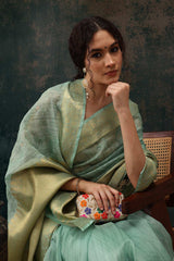 Green Kota Doria Silk Embroidery Saree