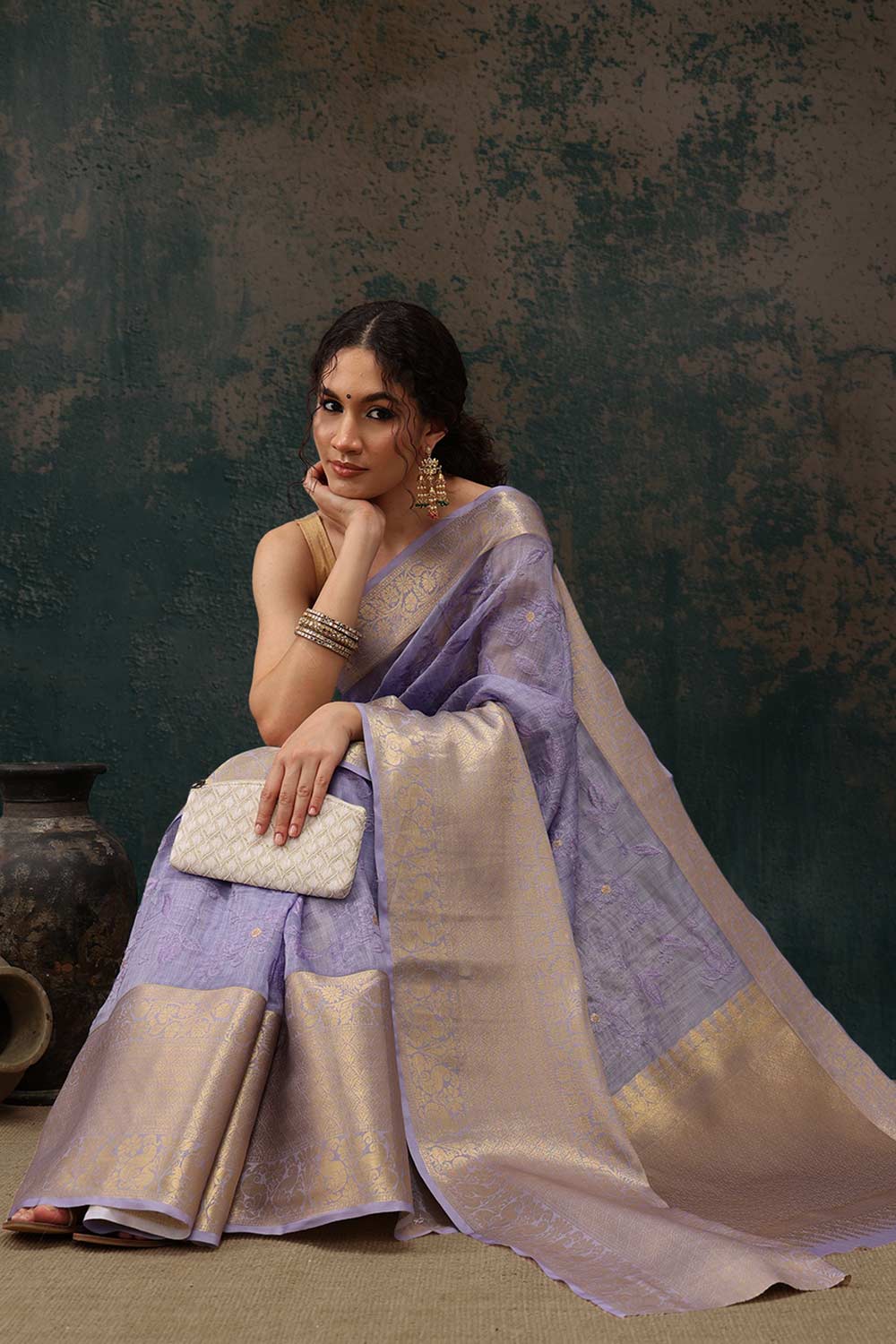 Lavender Kota Doria Silk Embroidery Saree