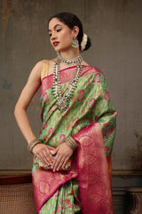 Parrot Green Pure Silk Woven Design Banarasi Saree