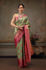 Parrot Green Pure Silk Woven Design Banarasi Saree