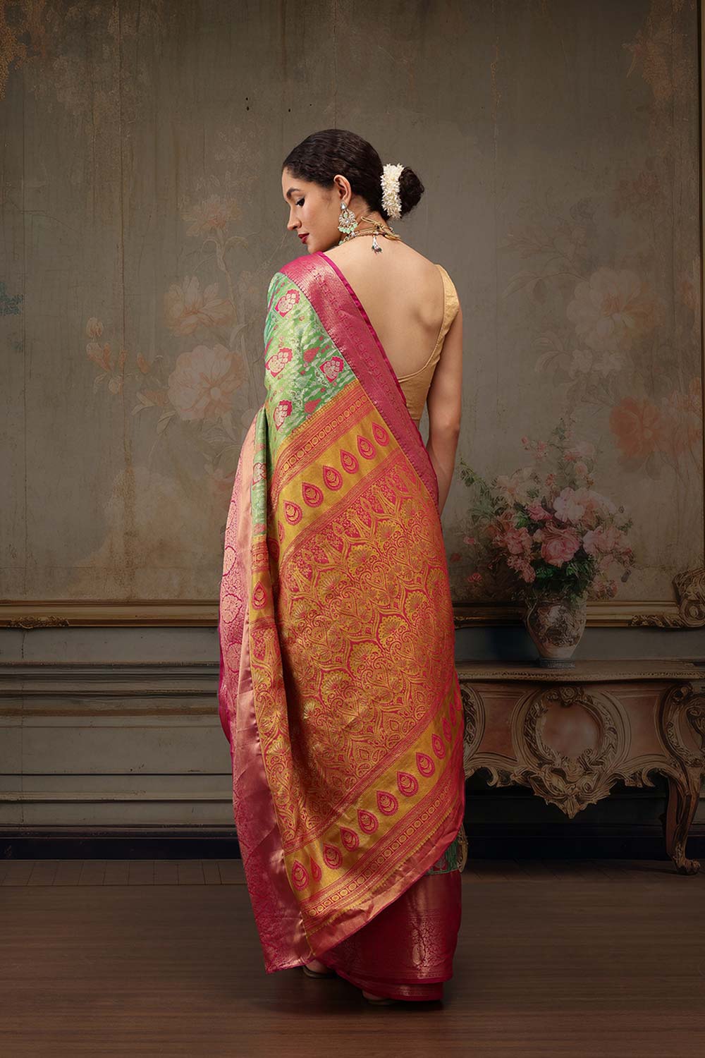 Parrot Green Pure Silk Woven Design Banarasi Saree