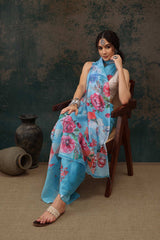 Blue Polyester Printed Saree