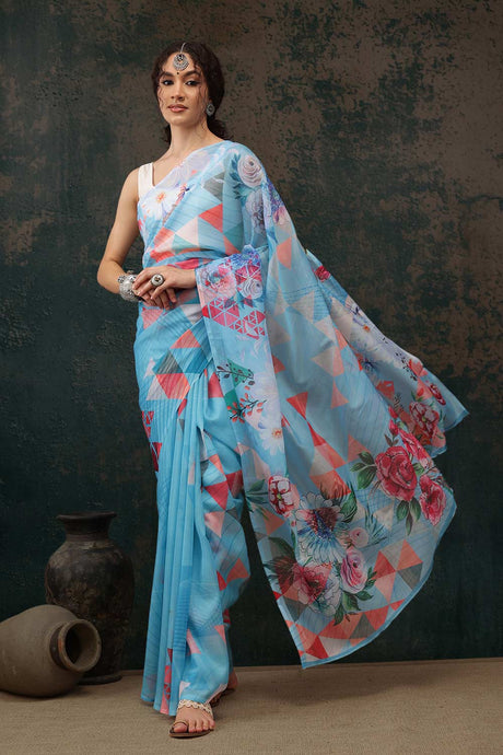 Blue Polyester Printed Saree