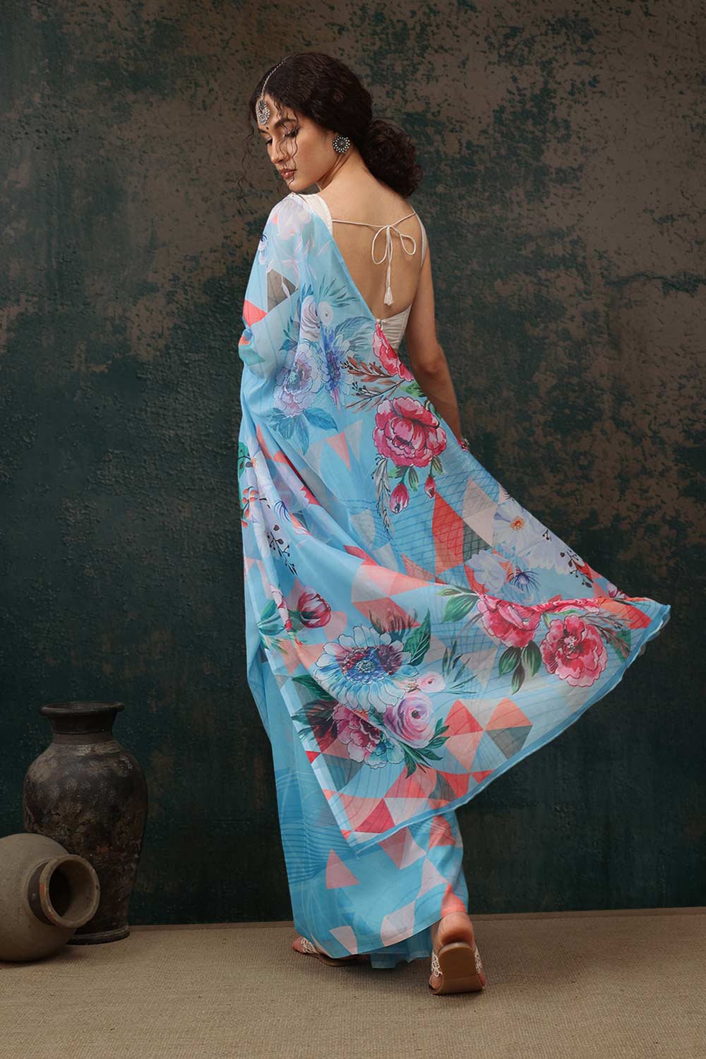 Blue Polyester Printed Saree