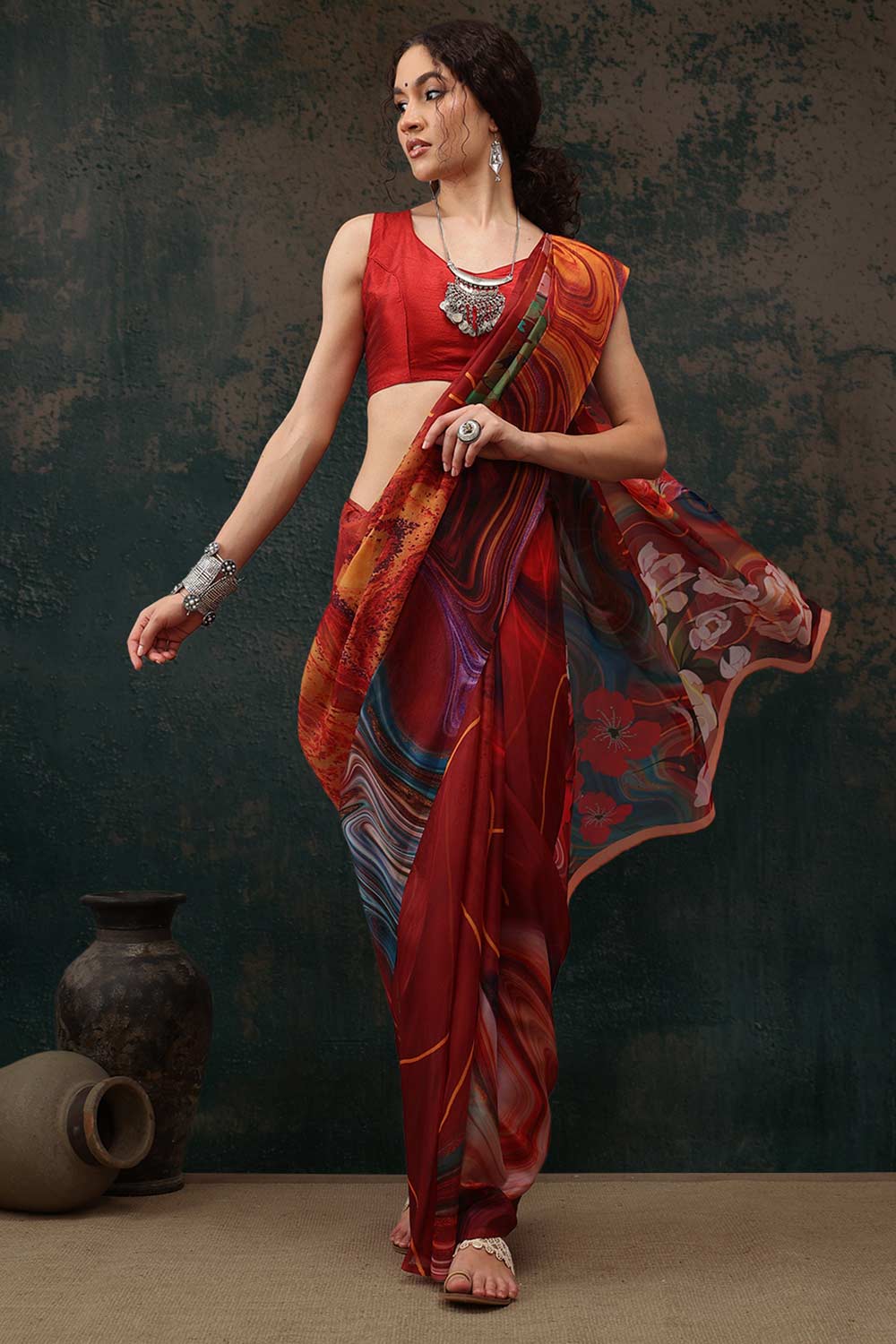 Brown Polyester Printed Saree