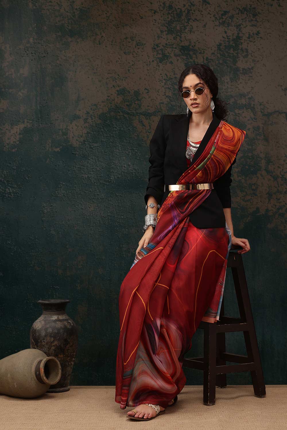 Brown Polyester Printed Saree