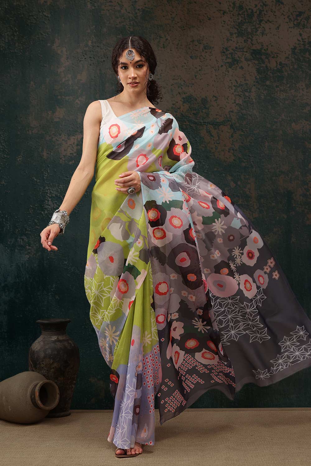 Parrot Green Polyester Printed Saree